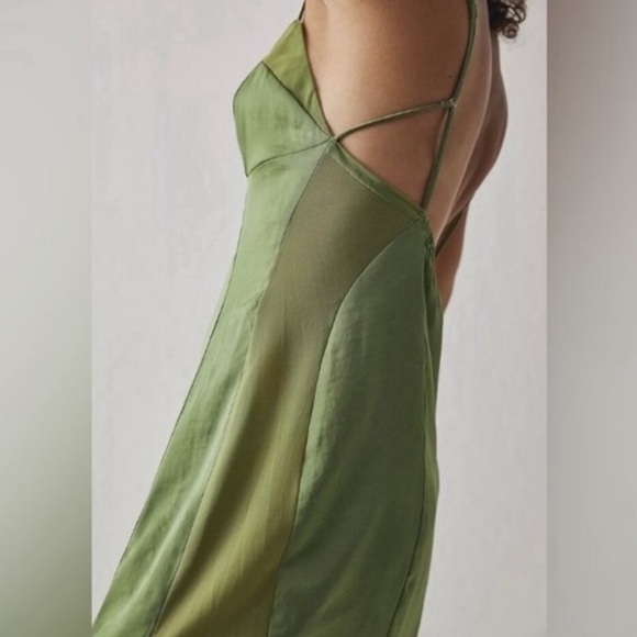 FREE PEOPLE Intimately City Cool Midi Slip Dress Olive Satin Sheer Khaki Green L - Picture 5 of 10